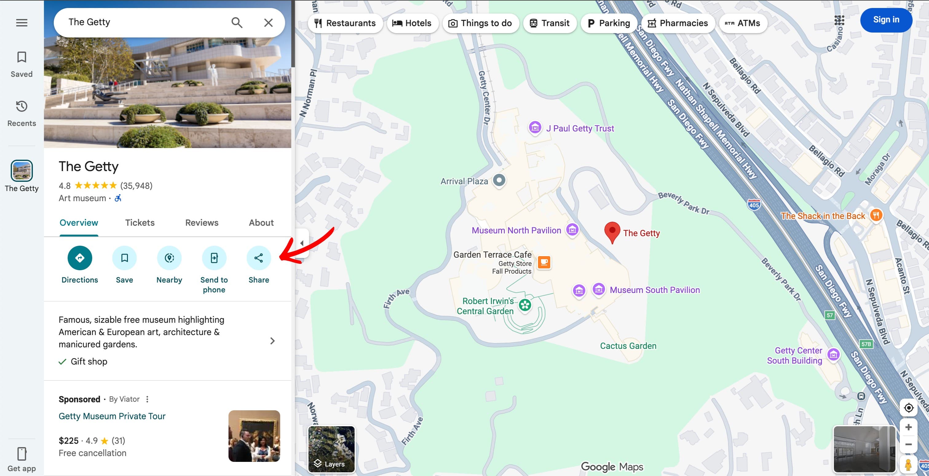 Google Maps listing card with Share button highlighted