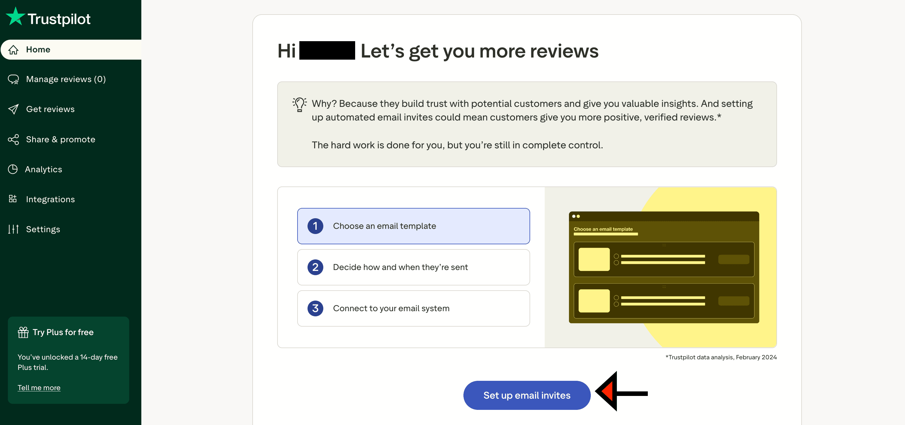 Trustpilot dashboard screen with Set up email invites button highlighted