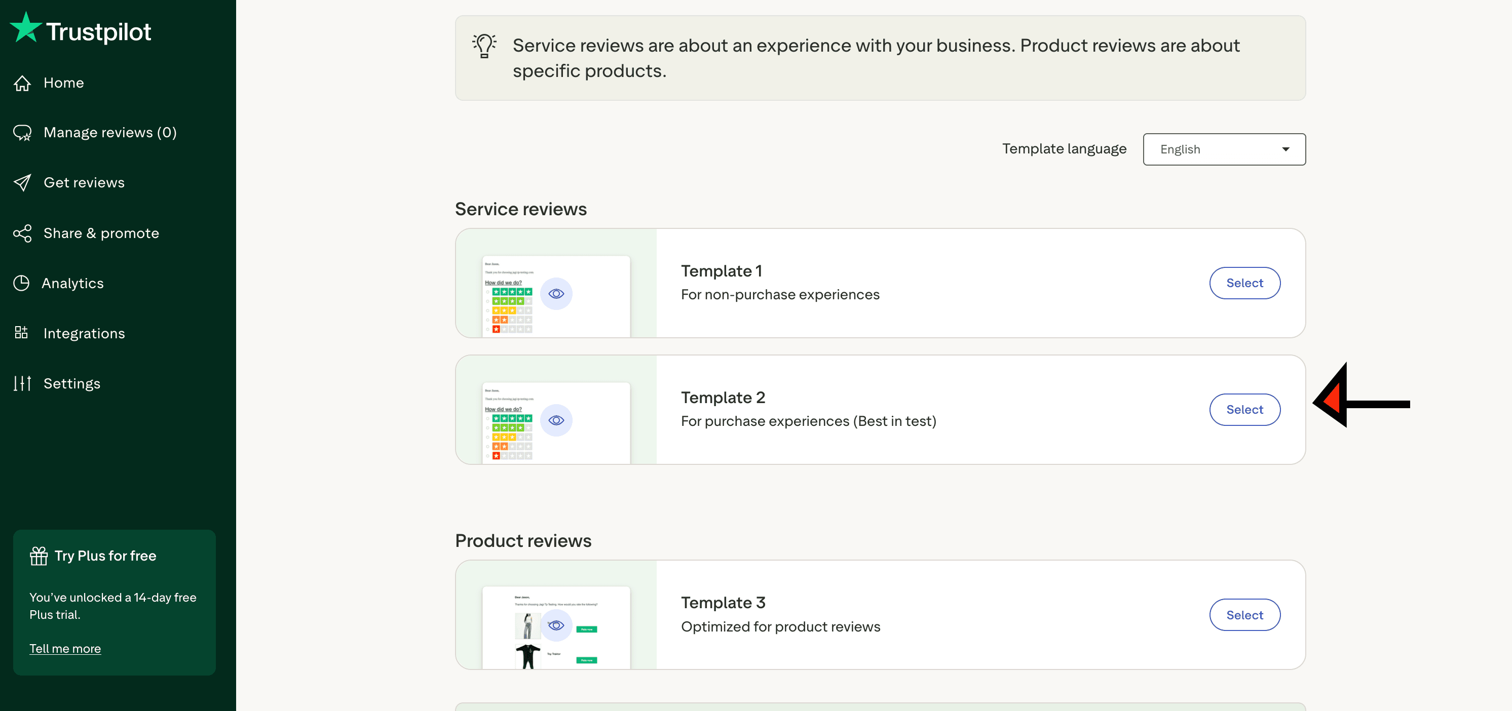 Trustpilot email settings screen with Change timing button highlighted