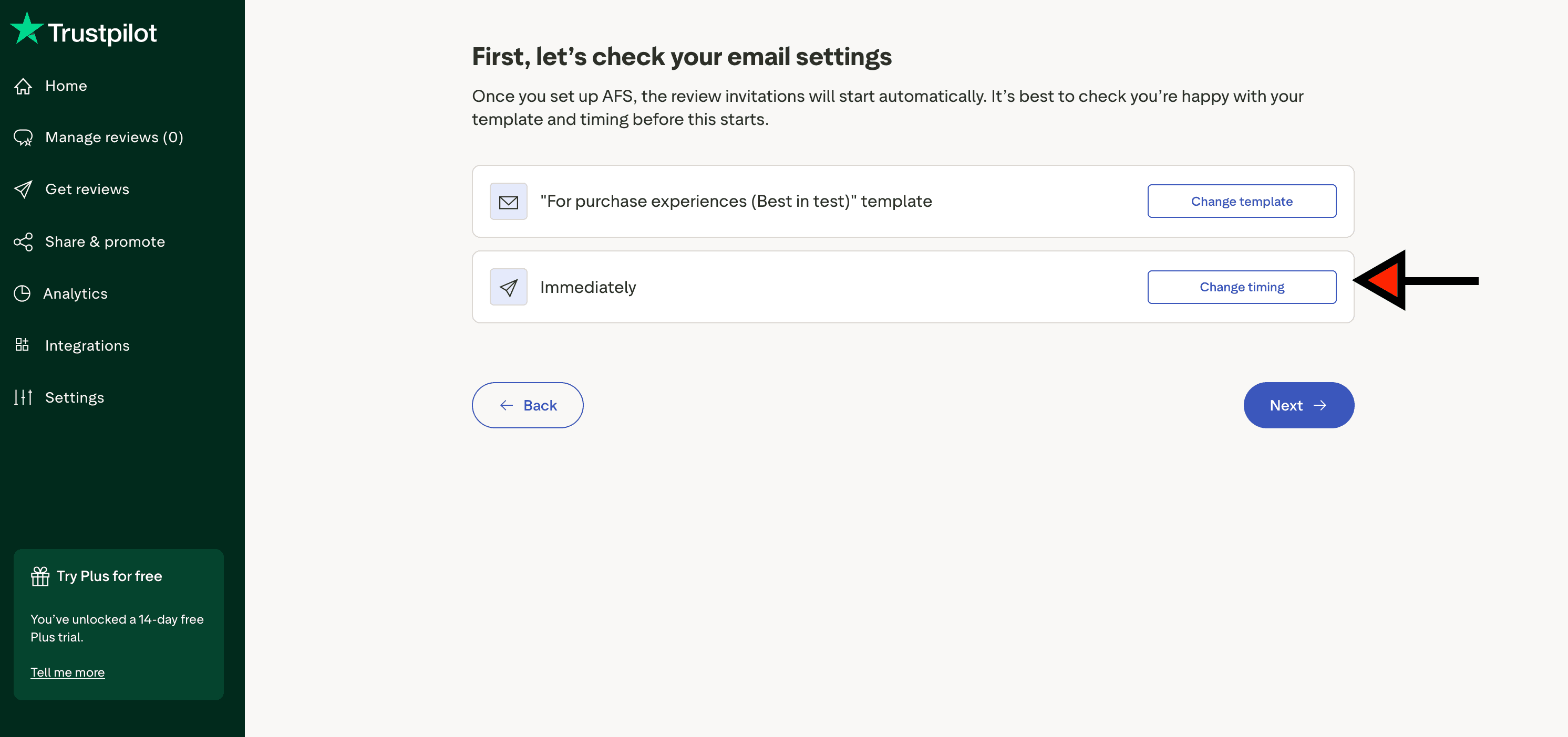 Trustpilot timing side panel with Immediately option highlighted