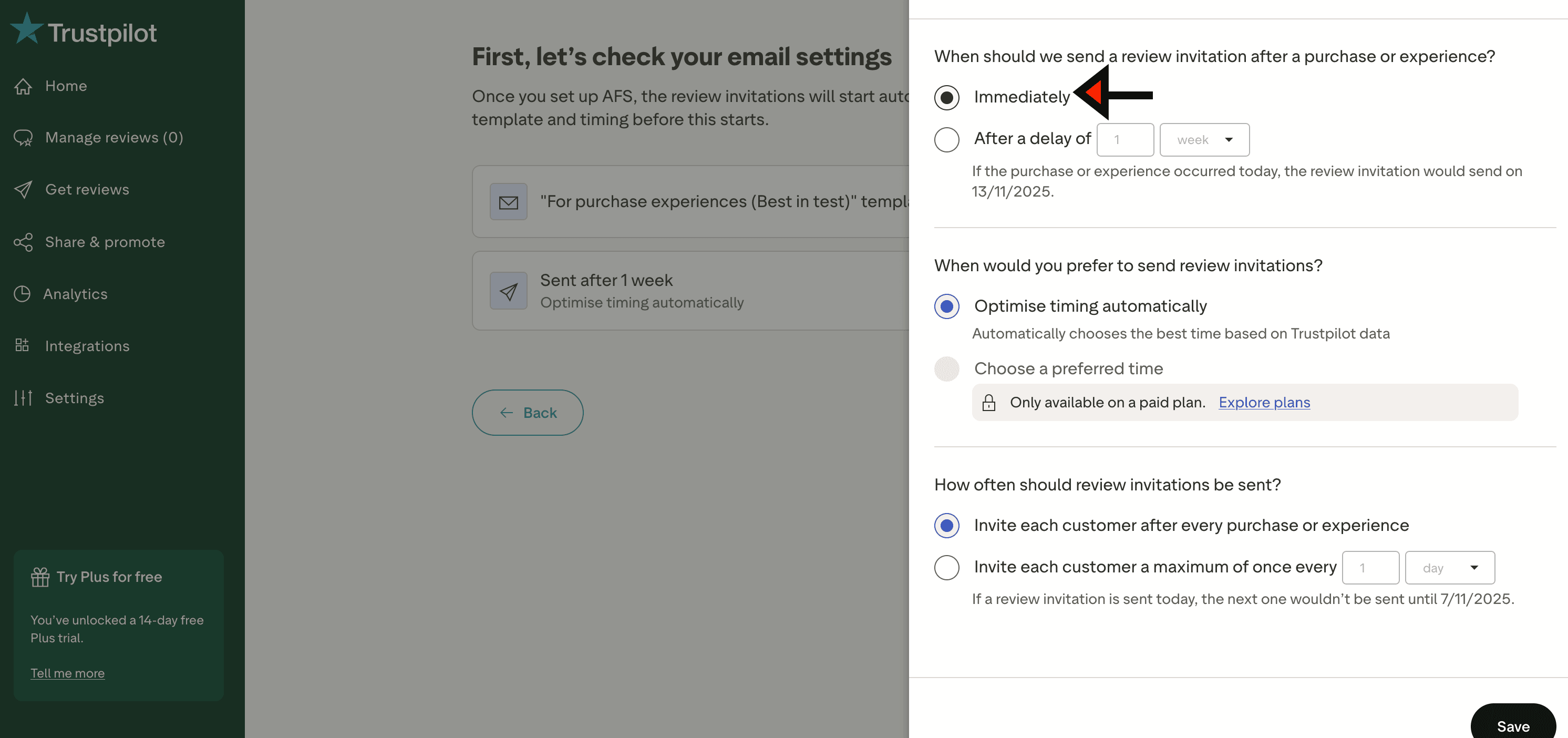 Trustpilot AFS introduction screen with Set Up AFS button highlighted